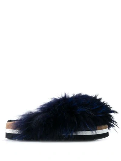 Shop Msgm Faux Fur Trimmed Sandals In Blue