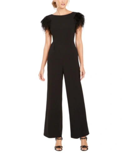 Shop Calvin Klein Faux-feather Wide-leg Jumpsuit In Black