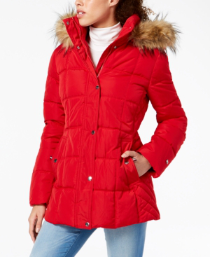 Tommy Hilfiger Petite Faux-fur Trim Hooded Water-resistant Puffer Coat,  Created For Macy's In Crimson | ModeSens