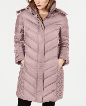 Kenneth Cole Faux Fur Trim Hooded Down Puffer Coat In Dusty Rose Modesens