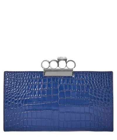 Shop Alexander Mcqueen Punk Croc-embossed Leather Four-ring Flat Pouch In Industrial Blue