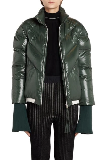 Shop Moncler X 2 1952 Yalou Knit Sleeve Lacquered Down Puffer Coat In Green