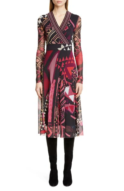 Shop Fuzzi Mixed Print Long Sleeve Midi Dress In Vino