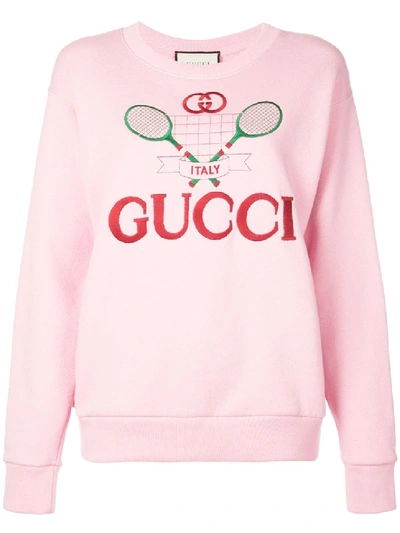 Shop Gucci Pink Women's  Tennis Embroidered Cotton Sweatshirt In Neutrals