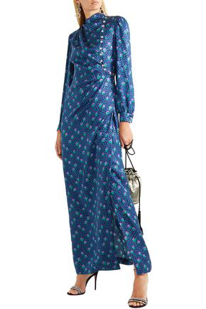 Miu Miu Woman Gathered Printed Silk Maxi Dress Navy | ModeSens