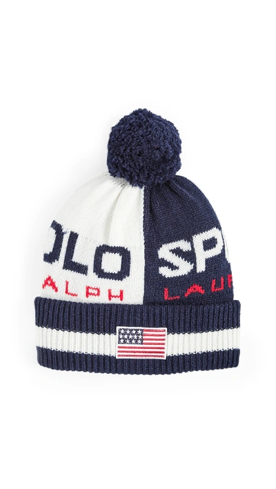Shop Polo Ralph Lauren Polo Sport Colorblock Cuff Hat In Cream/navy