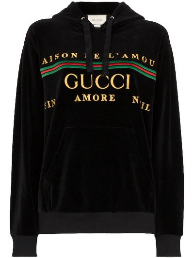 Shop Gucci Embroidered Logo Hoodie In Black
