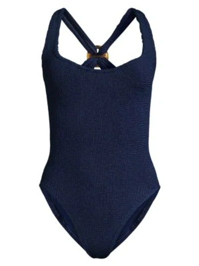 Shop Hunza G Zora Rib-knit One-piece Swimsuit In Navy