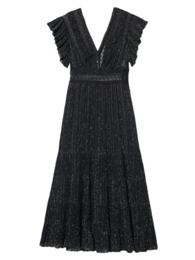 Shop Sandro Metallic Flutter-sleeve Tiered Dress In Black