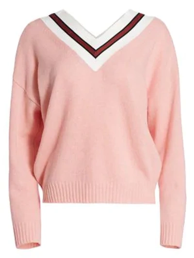 Shop Sandro Striped V-neck Wool-blend Sweater In Pink