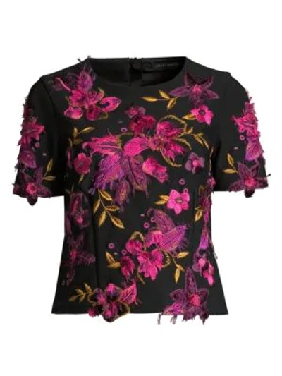 Shop Josie Natori Embroidered Floral Compact Knit Top In Black
