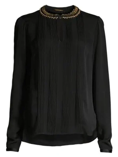 Shop Elie Tahari Sima Studded Collar Pintucked Silk Blouse In Black
