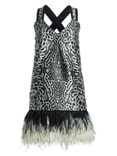Shop Proenza Schouler Sleeveless Feather-trim Printed Jacquard Mini Dress In Black White