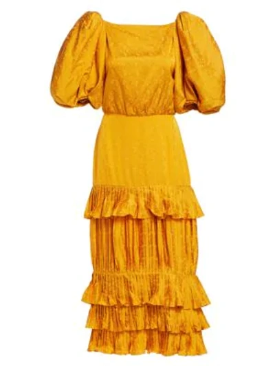 Shop Johanna Ortiz Isolated Treasure Floral Jacquard Puff-sleeve Ruffle Plissé Midi Sheath Dress In Fresh Lemonade