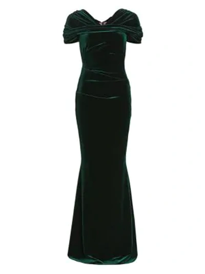 Shop Talbot Runhof Stretch Velvet Cap-sleeve Gown In Hunter