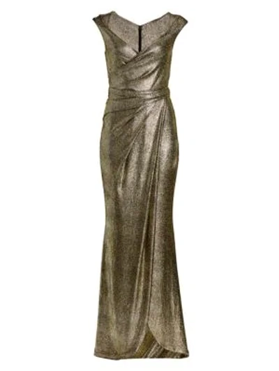 Shop Talbot Runhof Stingray Metallic Cap-sleeve Wrap Gown In Black Gold