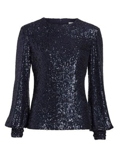 Shop Teri Jon By Rickie Freeman Long-sleeve Sequin Top In Navy