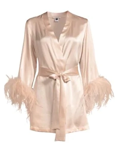 Shop Gilda And Pearl Mia Feather-trim Stretch-silk Robe In Shell
