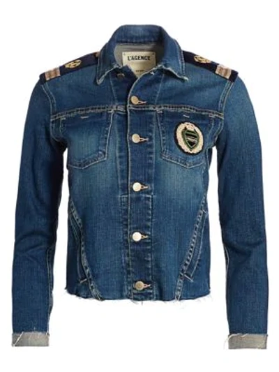 Shop L Agence Janelle Slim-fit Embroidered Crest Military Denim Jacket In Meridian