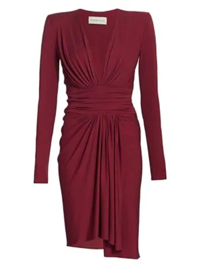 Shop Alexandre Vauthier Ruched Stretch-jersey Long-sleeve Dress In Burgundy