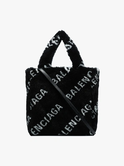 Shop Balenciaga Black Everyday Faux Fur Logo Tote Bag
