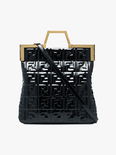 Shop Fendi Black Ff Logo Patent Leather Tote Bag