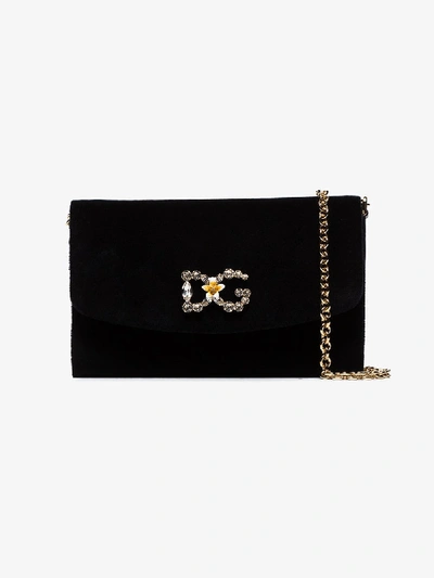Shop Dolce & Gabbana Black Velvet Crystal Logo Cross Body Bag