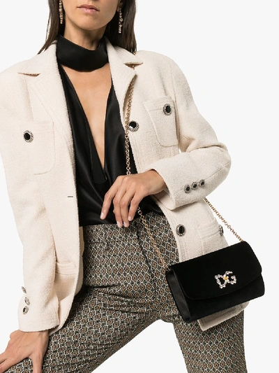 Shop Dolce & Gabbana Black Velvet Crystal Logo Cross Body Bag