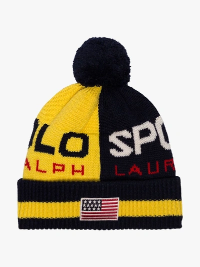 Shop Polo Ralph Lauren Blue Logo Pom-pom Beanie Hat