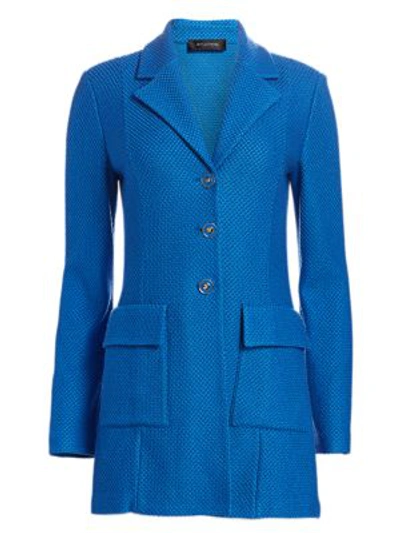 Shop St John Honeycomb Knit Stretch-wool Long Jacket In Scuba Blue