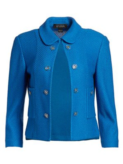 Shop St John Honeycomb Knit Stretch-wool Cropped Jacket In Scuba Blue