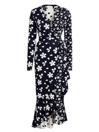 Shop Oscar De La Renta Floral Silk-blend Knit Midi Wrap Dress In Navy White