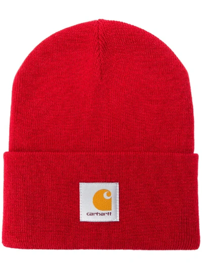 Shop Carhartt Logo Patch Beanie Hat In Blast Red