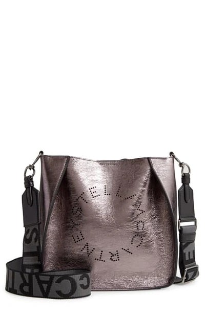 Shop Stella Mccartney Mini Stella Perforated Logo Faux Leather Crossbody Bag In Ruthenium