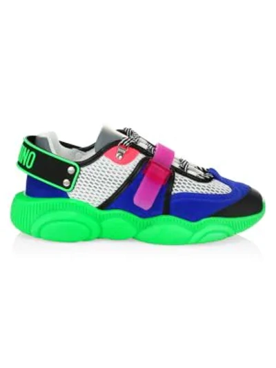 Shop Moschino Men's Neon Patchwork Mix Media Sneakers In Green Multi