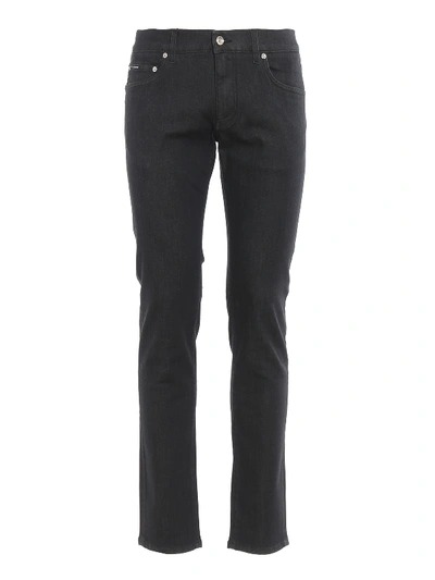 Shop Dolce & Gabbana Satin Logo Patch Denim Skinny Jeans In Dark Grey