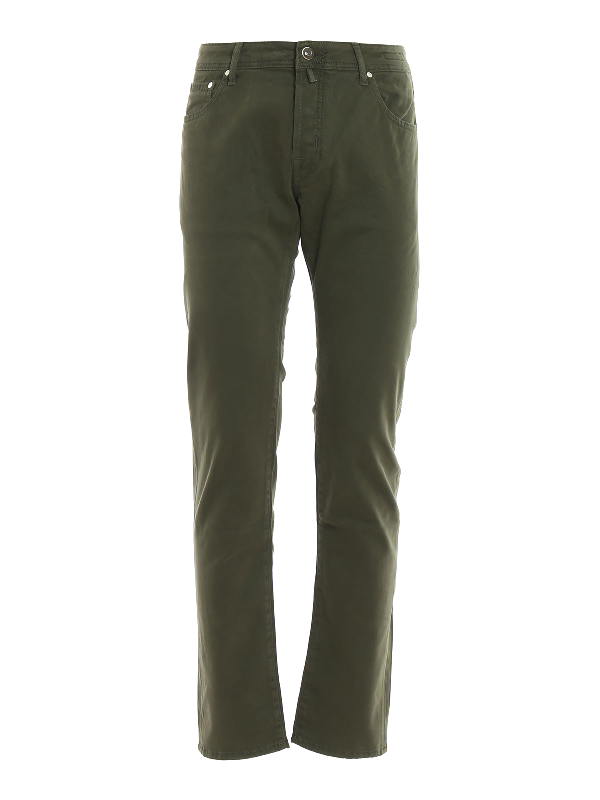 Jacob Cohen Micropatterned Cotton Trousers In Dark Green | ModeSens