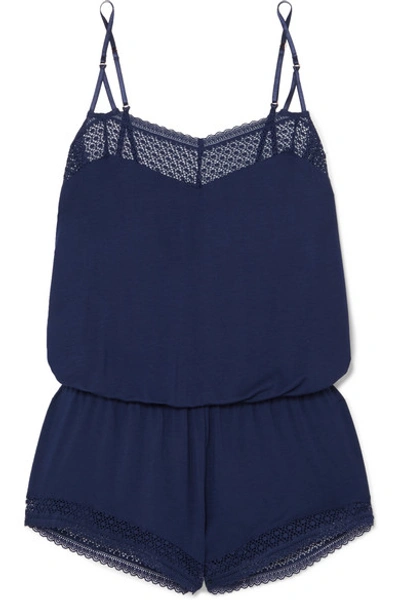 Shop Eberjey Addison Lace-trimmed Stretch-modal Jersey Playsuit In Navy