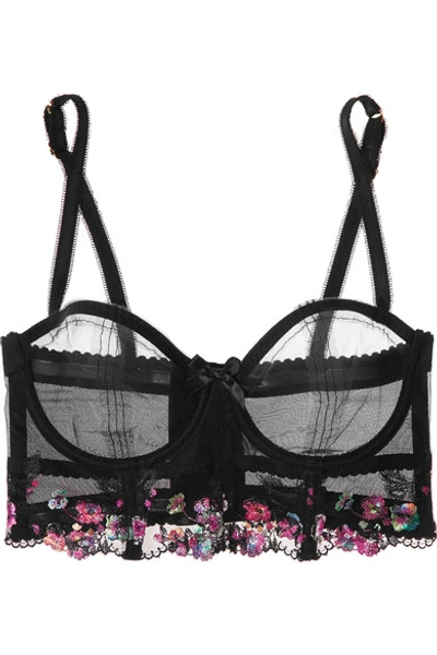 Shop Agent Provocateur Ivey Metallic Floral-embroidered Tulle Underwired Bra In Black