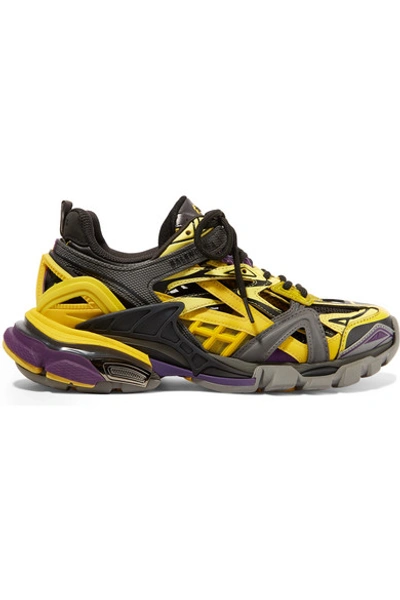 Shop Balenciaga Track 2 Logo-detailed Metallic Mesh And Rubber Sneakers In Yellow