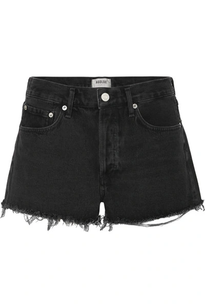 Shop Agolde Parker Frayed Denim Shorts In Black