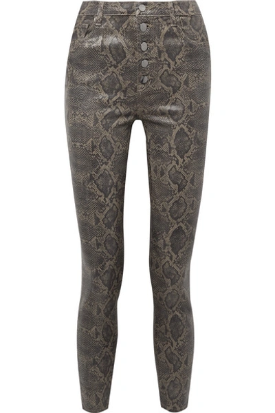 Shop J Brand Lillie Cropped Coated Snake-print Skinny Jeans In Brown