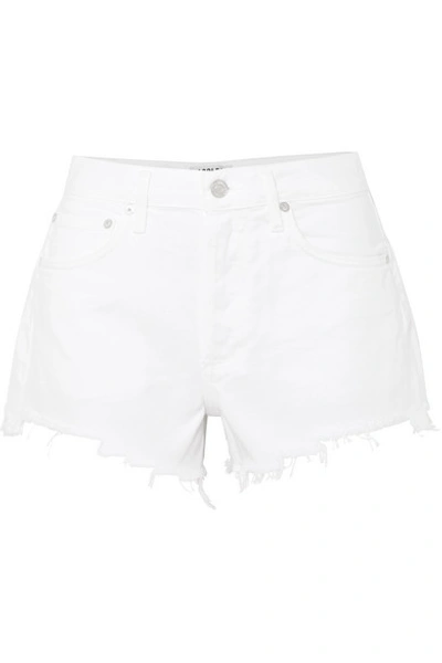 Shop Agolde Parker Frayed Denim Shorts In White