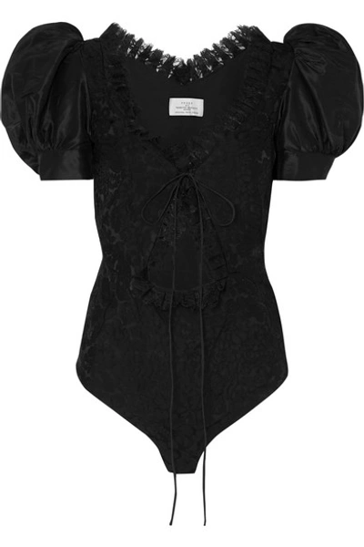 Shop Preen By Thornton Bregazzi Cutout Lace-trimmed Floral-jacquard And Taffeta Bodysuit In Black