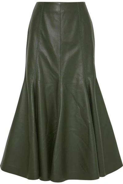 Shop Gabriela Hearst Amy Leather Midi Skirt In Army Green