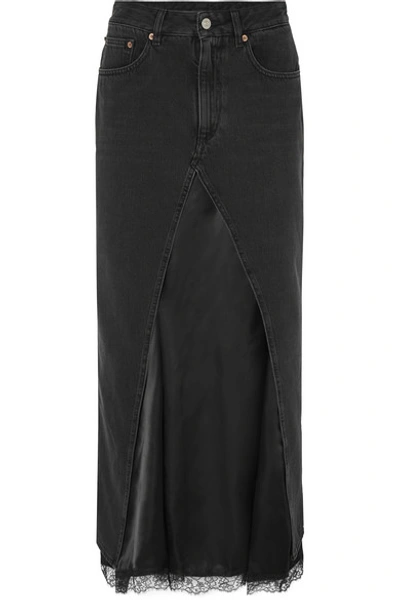 Shop Mm6 Maison Margiela Layered Lace-trimmed Satin And Denim Midi Skirt In Black