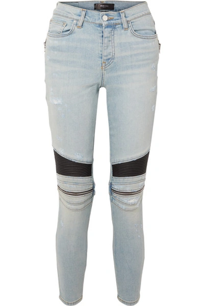 Shop Amiri Mx2 Zip-embellished Leather-paneled High-rise Skinny Jeans In Light Denim