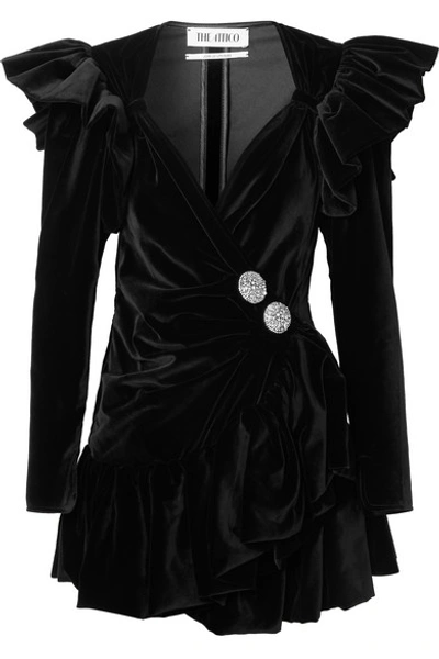 Shop Attico Ruffled Embellished Wrap-effect Cotton-velvet Mini Dress In Black