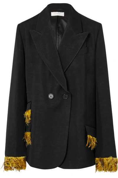 Shop Wales Bonner Feather-trimmed Double-breasted Woven Blazer In Black