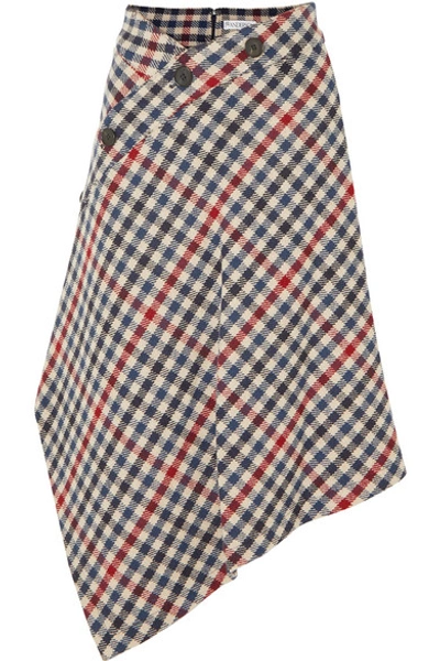 Shop Jw Anderson Asymmetric Checked Wool-blend Midi Skirt In Navy